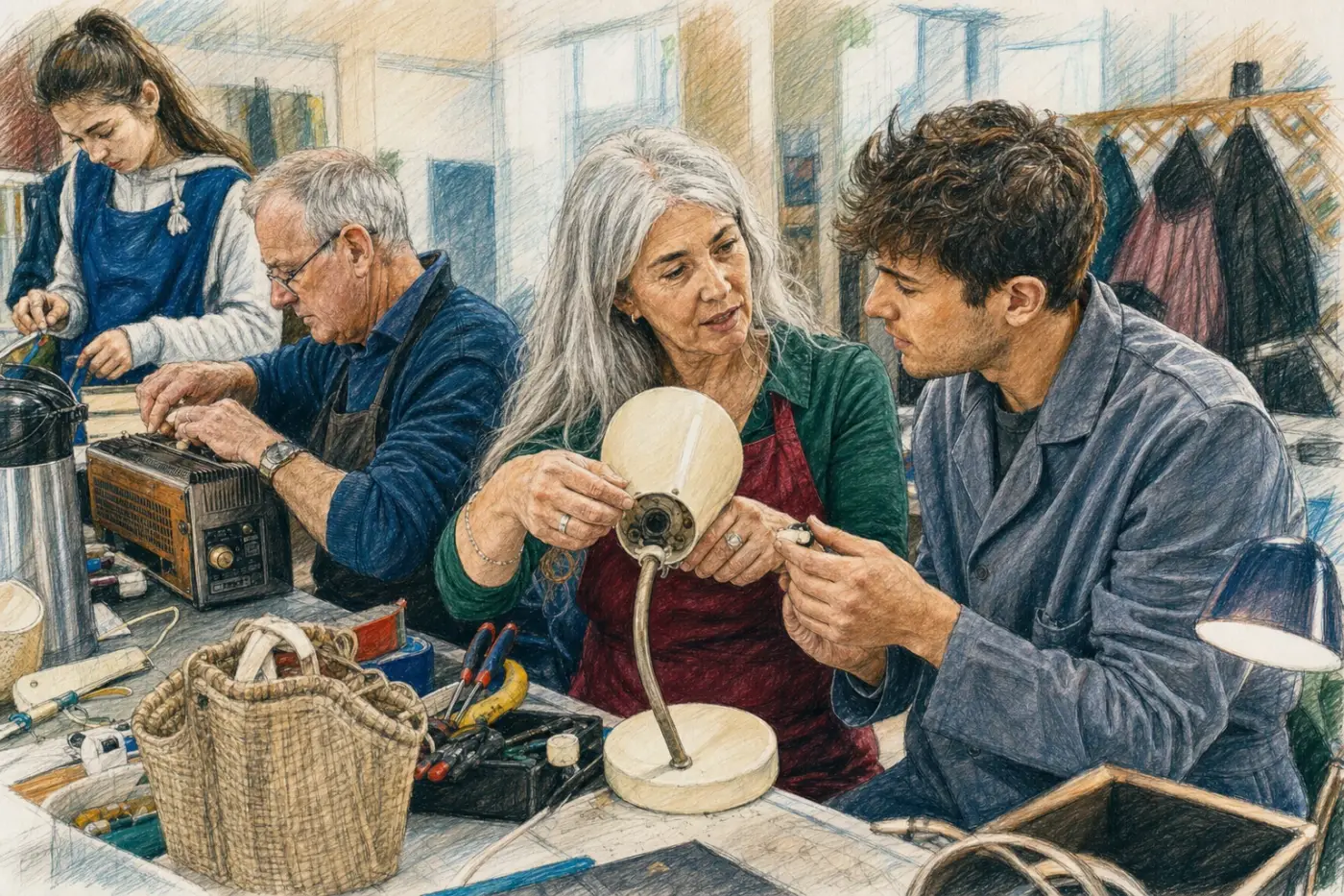 Une femme aux longs cheveux gris répare une lampe avec un jeune homme dans un atelier associatif intergénérationnel.