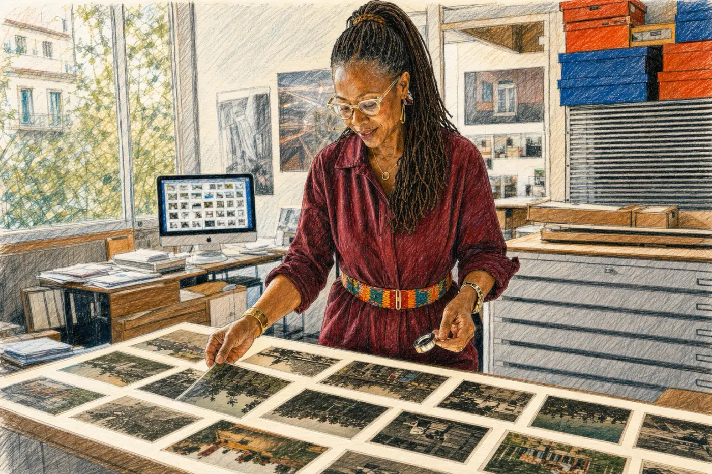 Une femme examine des photographies et une carte pour relire son parcours.