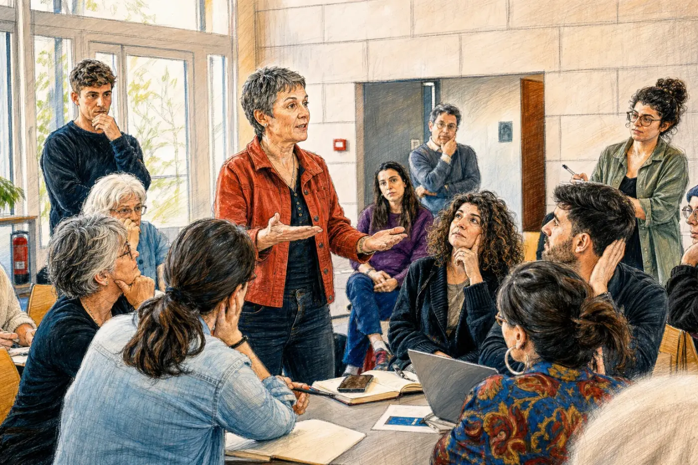Une femme d’une cinquantaine d’années intervient avec énergie dans une réunion citoyenne intergénérationnelle.