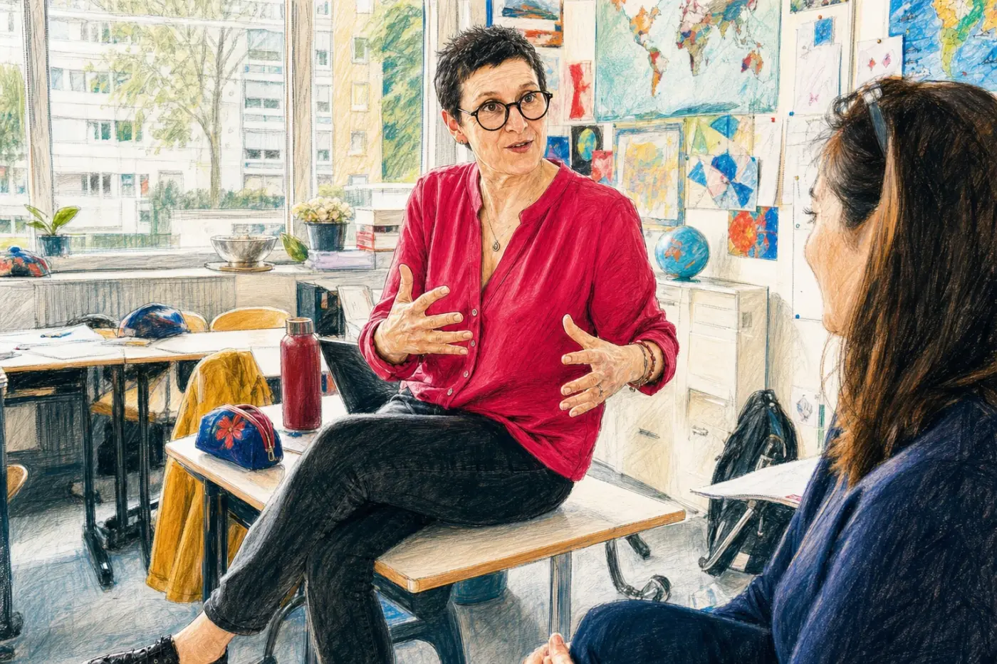 Une femme en chemisier framboise converse avec animation dans une salle de classe colorée après les cours.