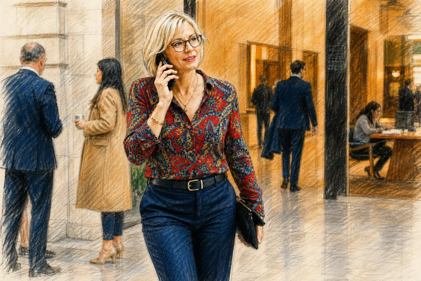 Une professionnelle blonde et élégante traverse un vaste hall d’affaires en téléphonant.