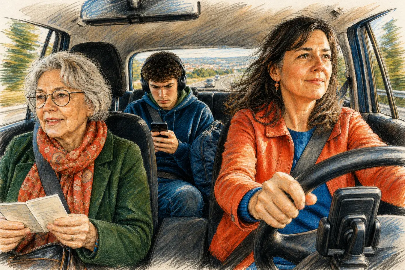 Une femme conduit sur une route ouverte avec sa mère âgée à l’avant et son fils adolescent à l’arrière.