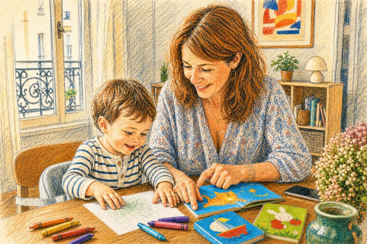 Une grand-mère partage des livres cartonnés et des crayons de cire avec son petit-fils de 2 ans dans une salle à manger française.