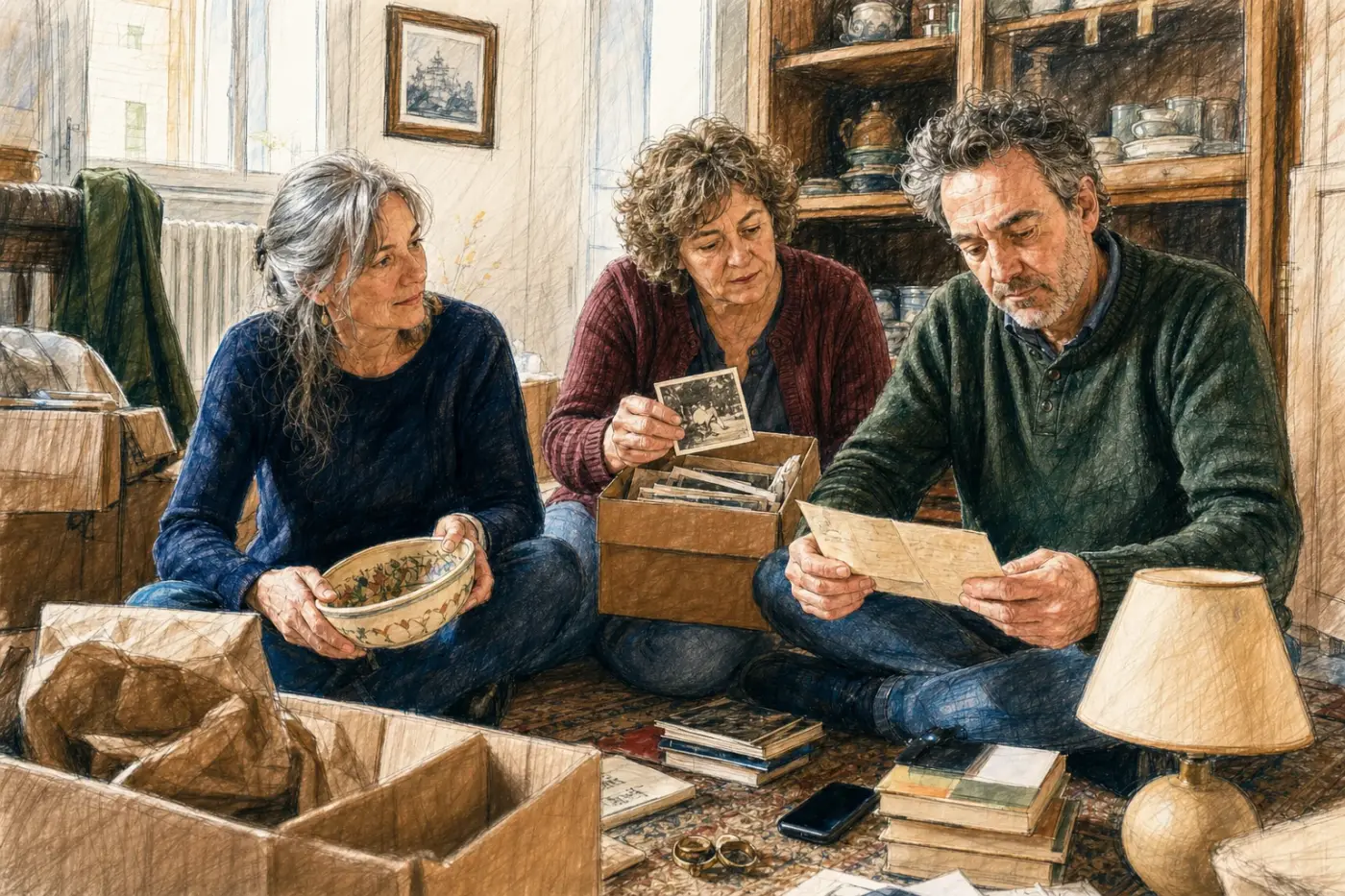 Un frère et ses deux sœurs quinquagénaires trient les objets, lettres et photographies conservés dans la maison de leurs parents.
