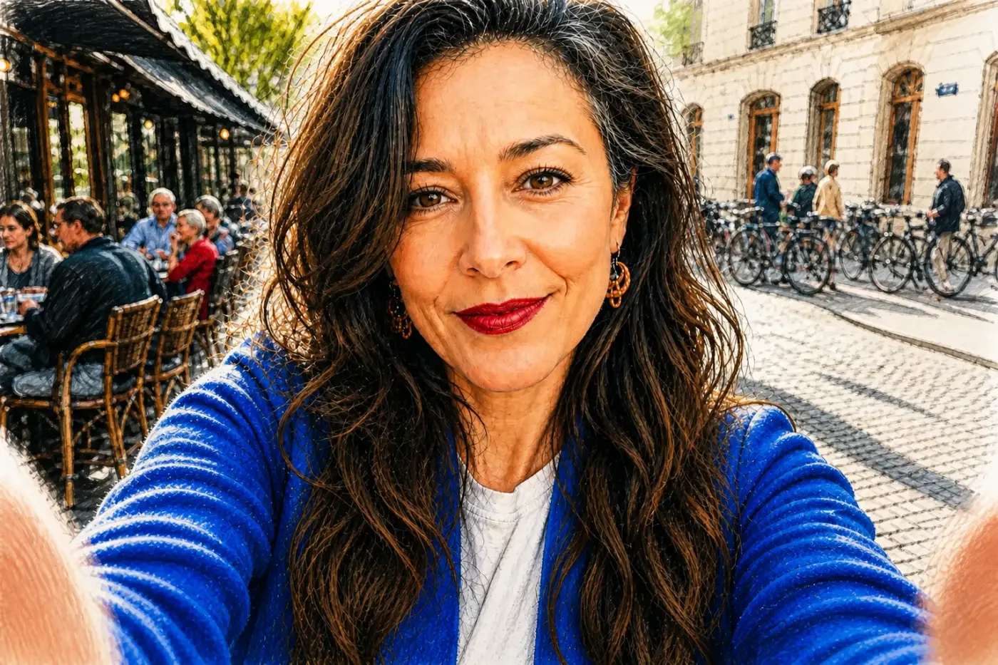 Une femme de 52 ans aux longs cheveux bruns prend un selfie dans une rue française.