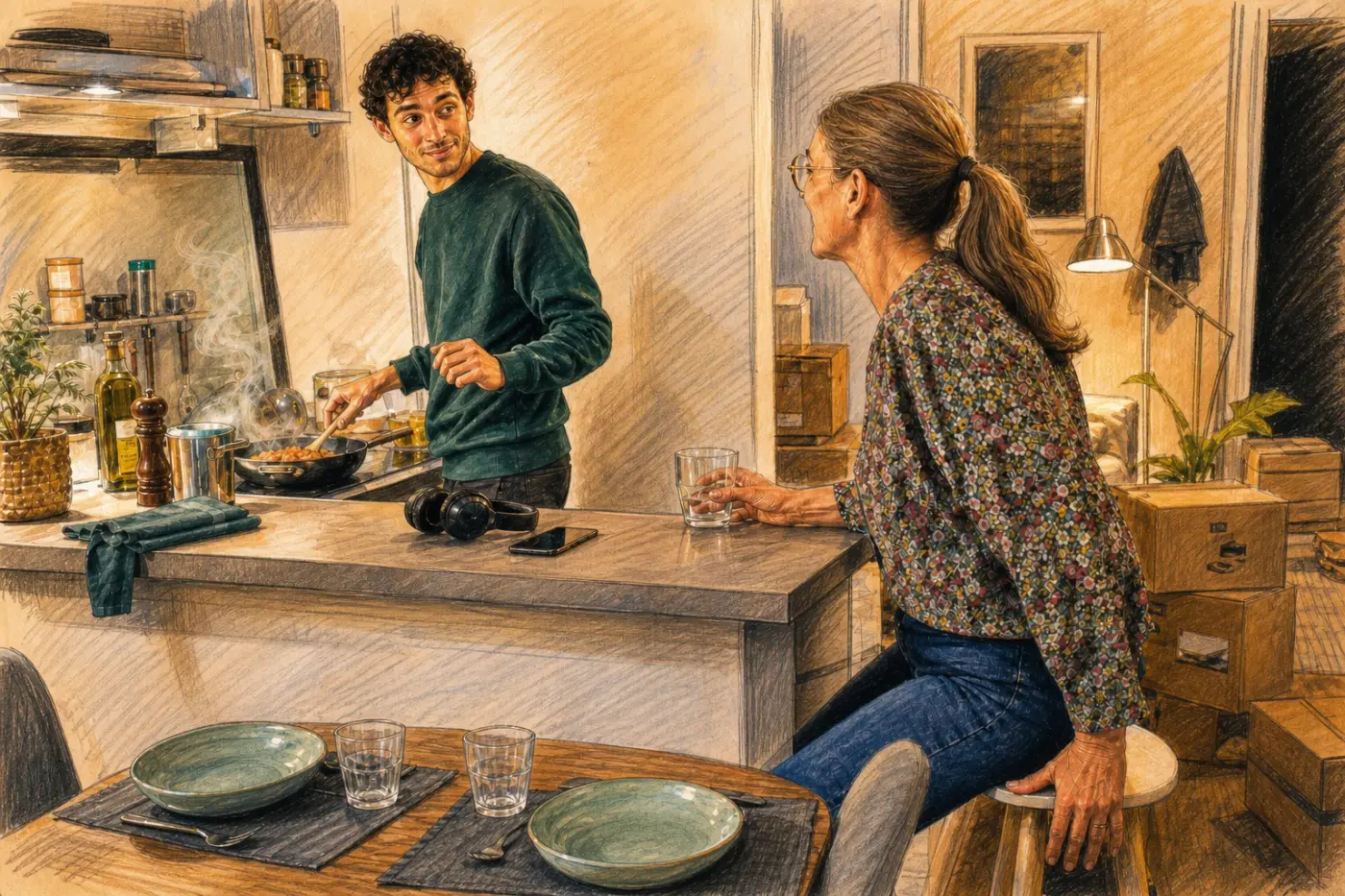 Un jeune adulte cuisine chez lui et invite sa mère, qui commence à se lever, à le laisser faire.