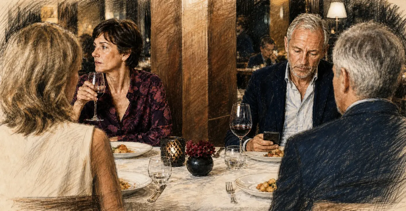 Deux couples dînent ensemble au restaurant tandis qu’une femme regarde ailleurs et que son mari consulte son téléphone.