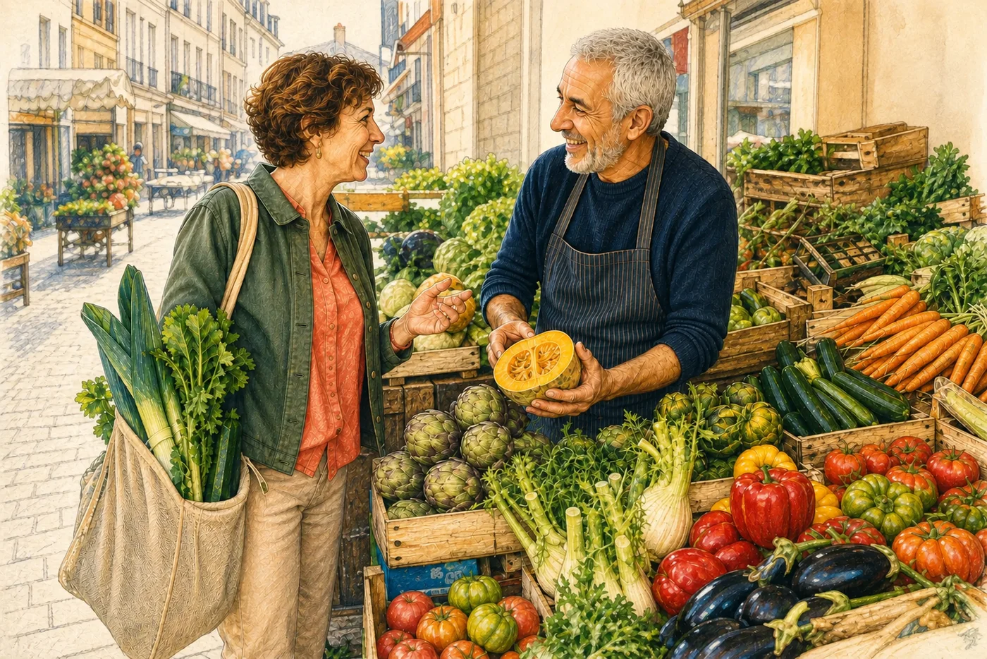 Une femme échange avec un primeur autour de légumes frais et colorés.