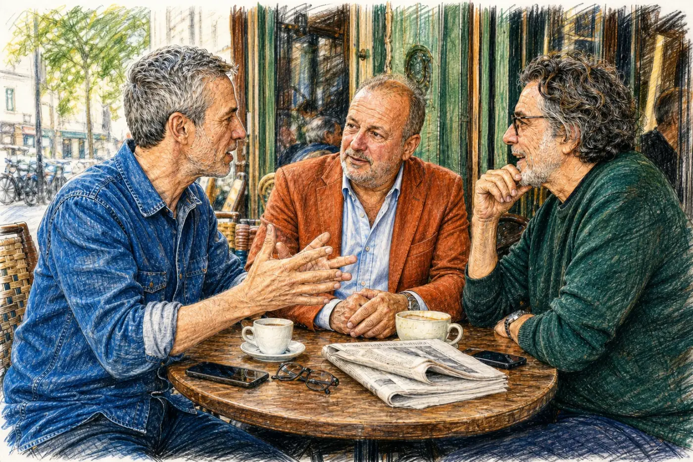 Trois hommes quinquagénaires discutent avec attention autour d’un café sur une terrasse française.