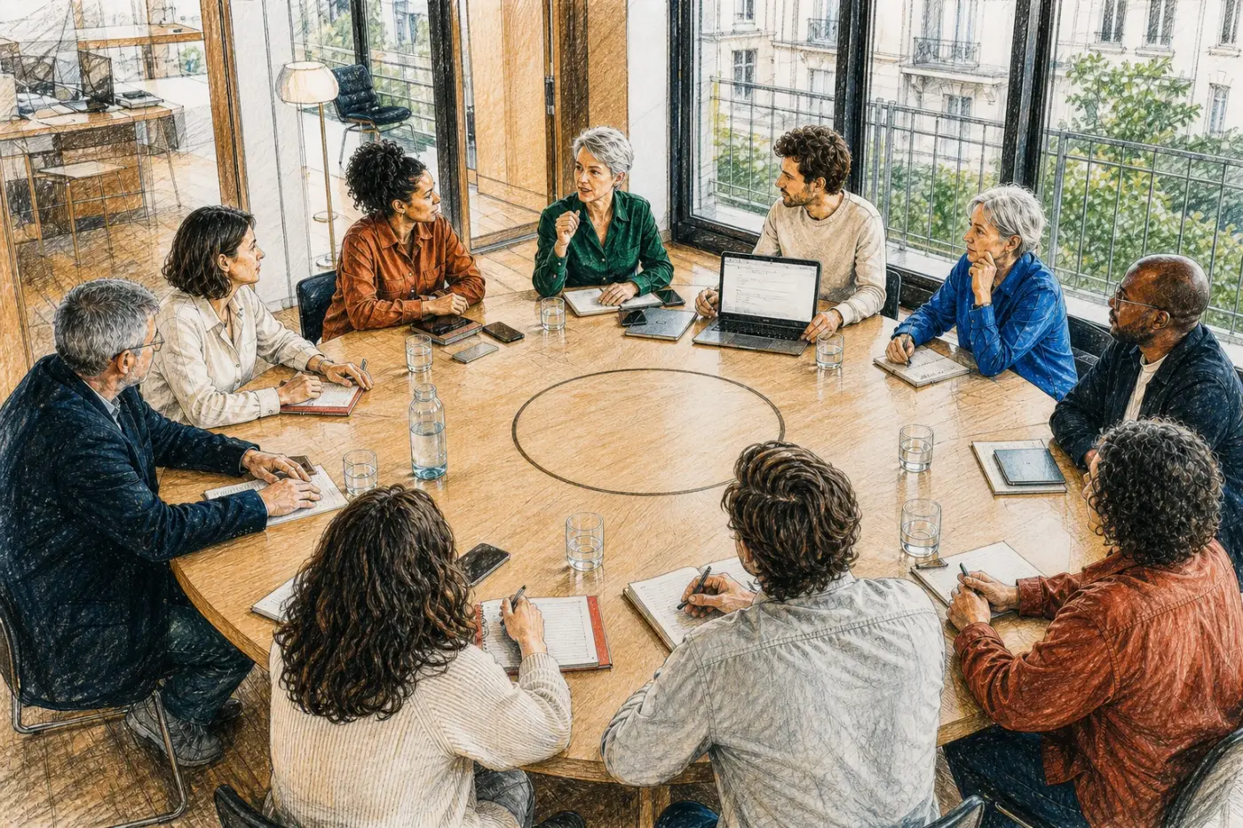 Des femmes et des hommes participent à égalité à une réunion autour d’une table ronde.