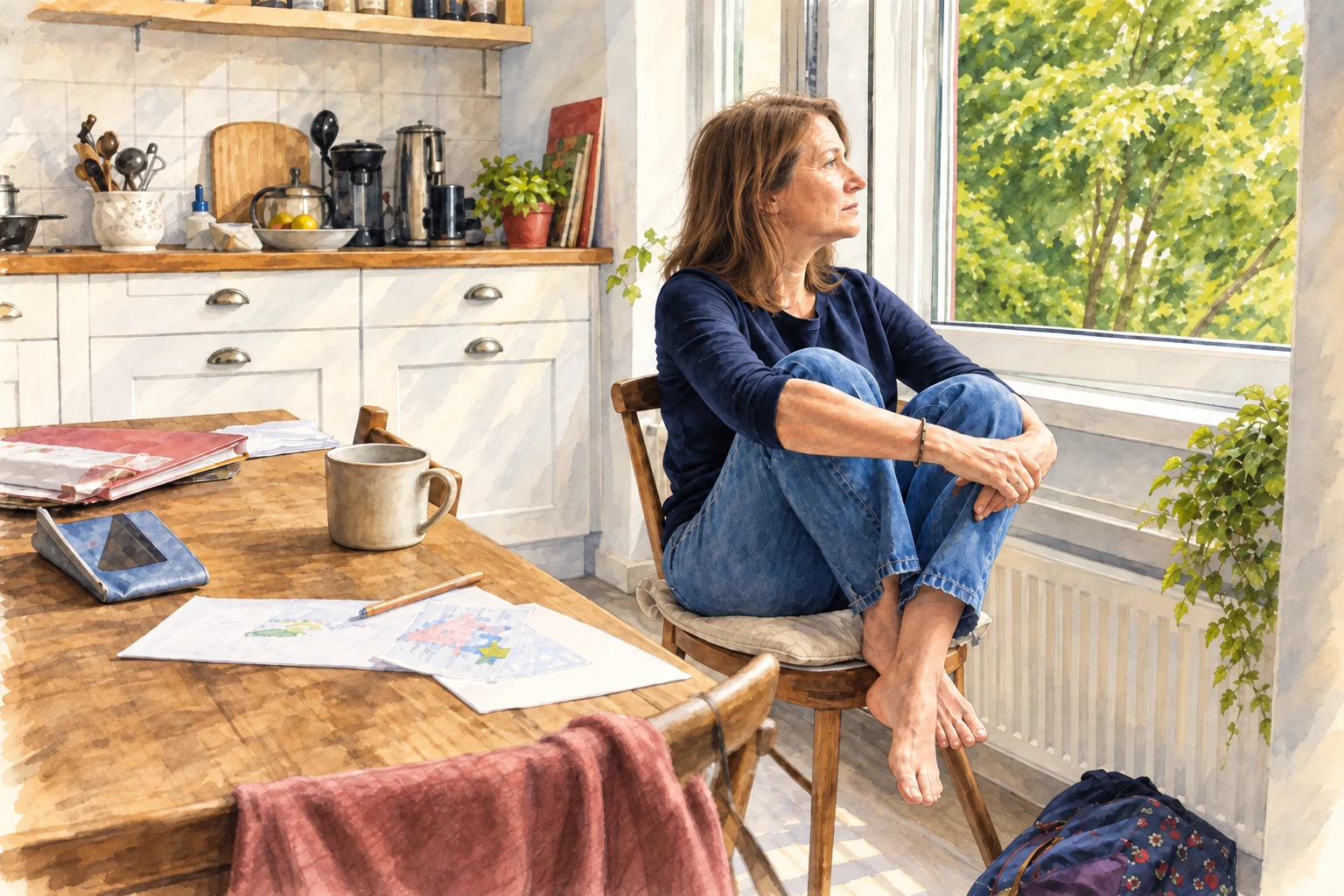 Une femme d’une cinquantaine d’années s’accorde un moment de repos près d’une fenêtre.