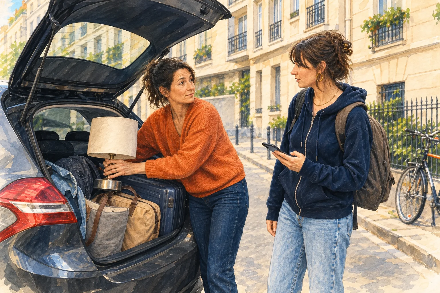 Une mère et sa fille adulte chargent une lampe, des sacs et des valises dans le coffre d’une voiture avant un départ.