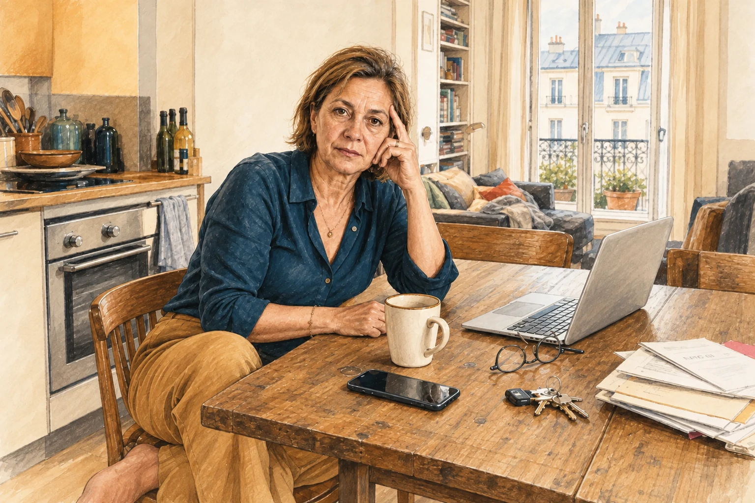 Une femme de 53 ans, fatiguée mais lucide, fait une pause devant son ordinateur dans son appartement en fin de journée.