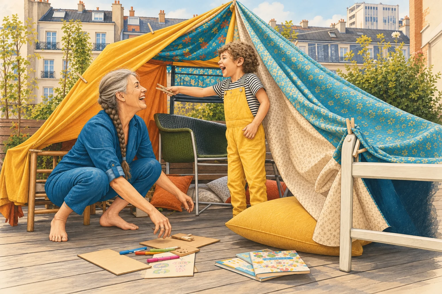 Une grand-mère pieds nus construit une cabane avec son petit-fils.