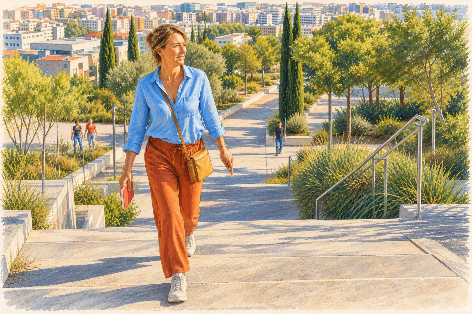 Une femme monte un escalier dans un parc urbain, avec trois passants en arrière-plan.