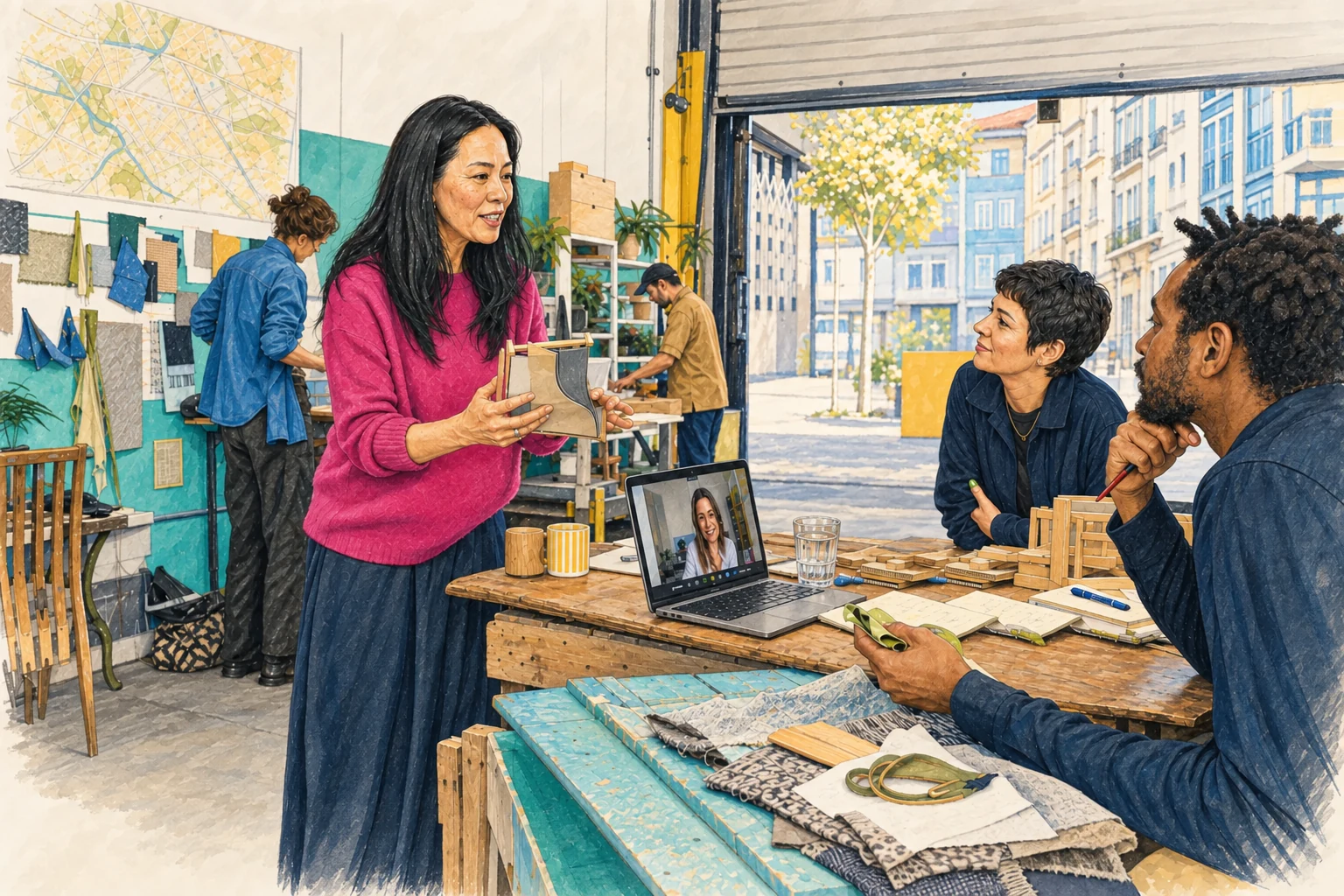 Une femme présente un prototype à une équipe internationale dans un atelier partagé aménagé dans un ancien garage urbain.