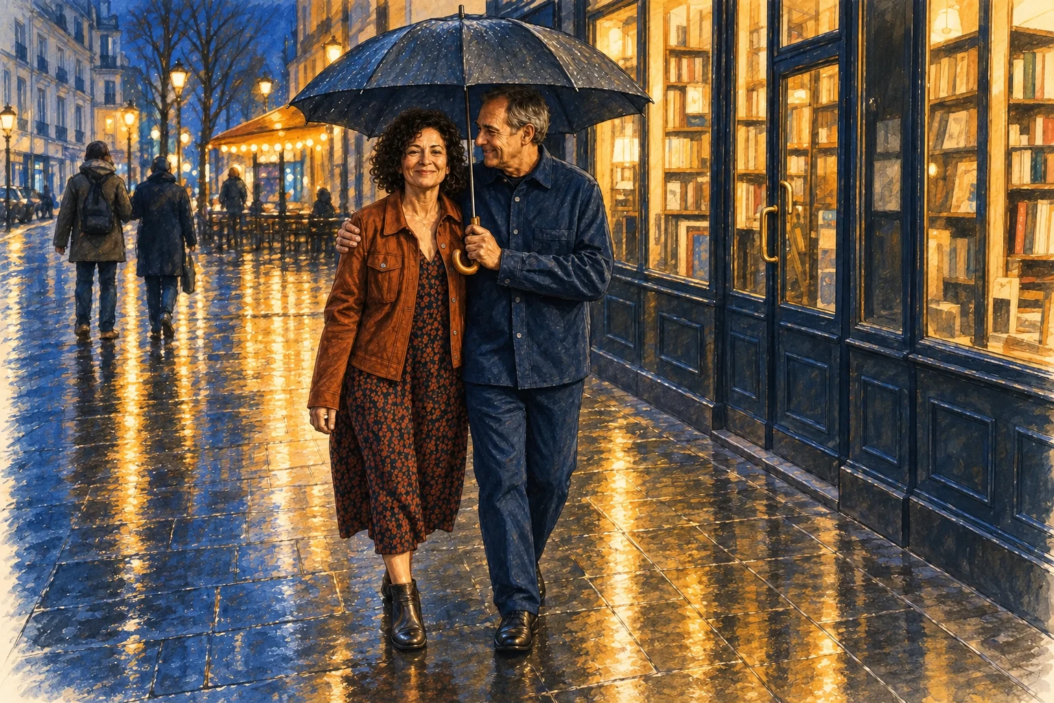 Un couple d’une soixantaine d’années compare avec animation deux lampes très différentes dans un magasin contemporain.