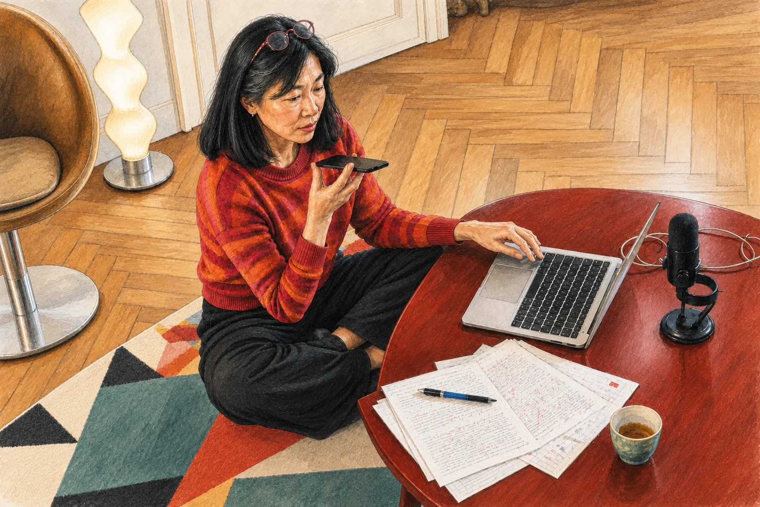 Une rédactrice web d’origine chinoise travaille chez elle avec son ordinateur, son téléphone et son chat.