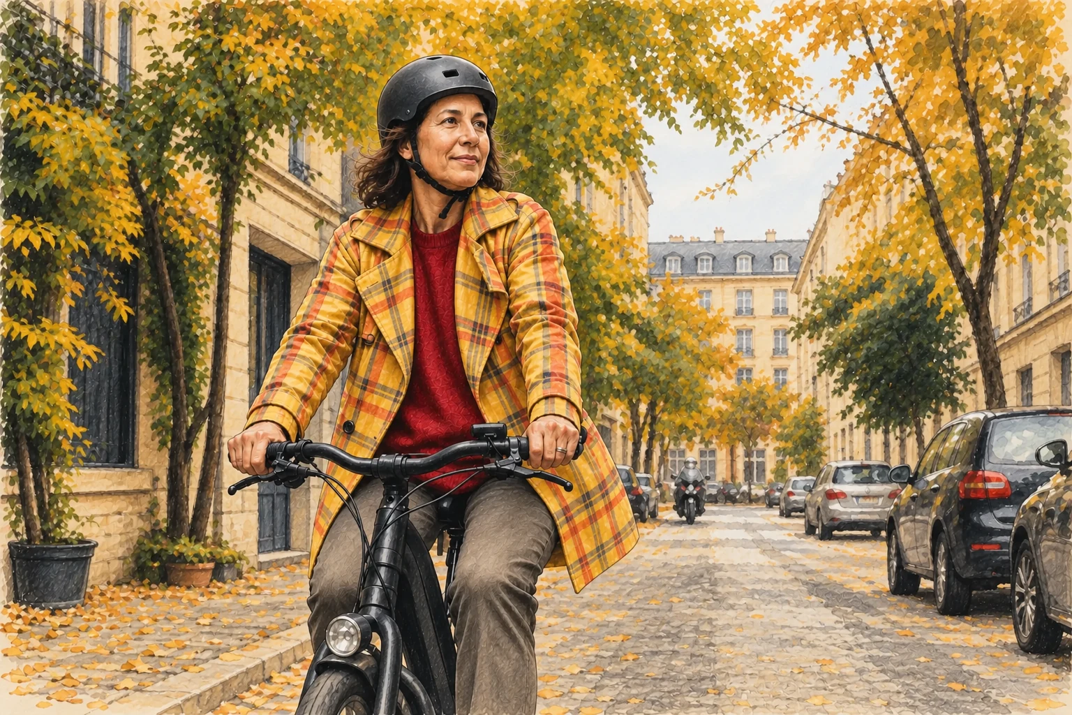 Une femme d’une cinquantaine d’années, coiffée d’un casque, se déplace à vélo électrique dans une rue bordée d’arbres.