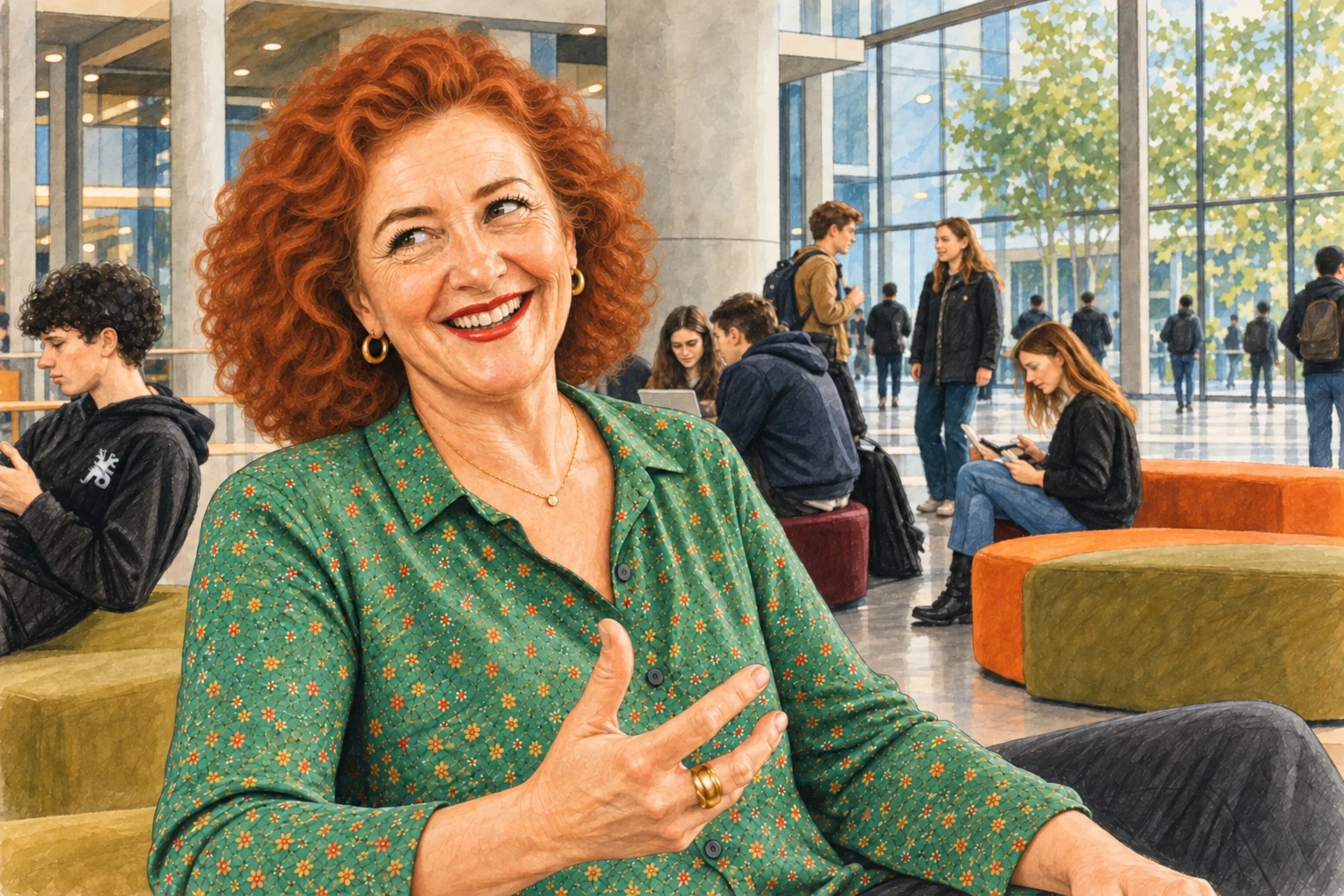 Une femme rousse souriante et expressive converse dans le hall contemporain d’une université française.