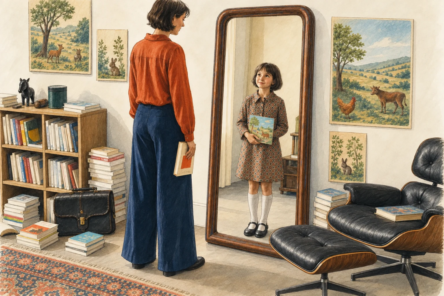 Une femme adulte se regarde enfant dans un grand miroir entouré de livres.