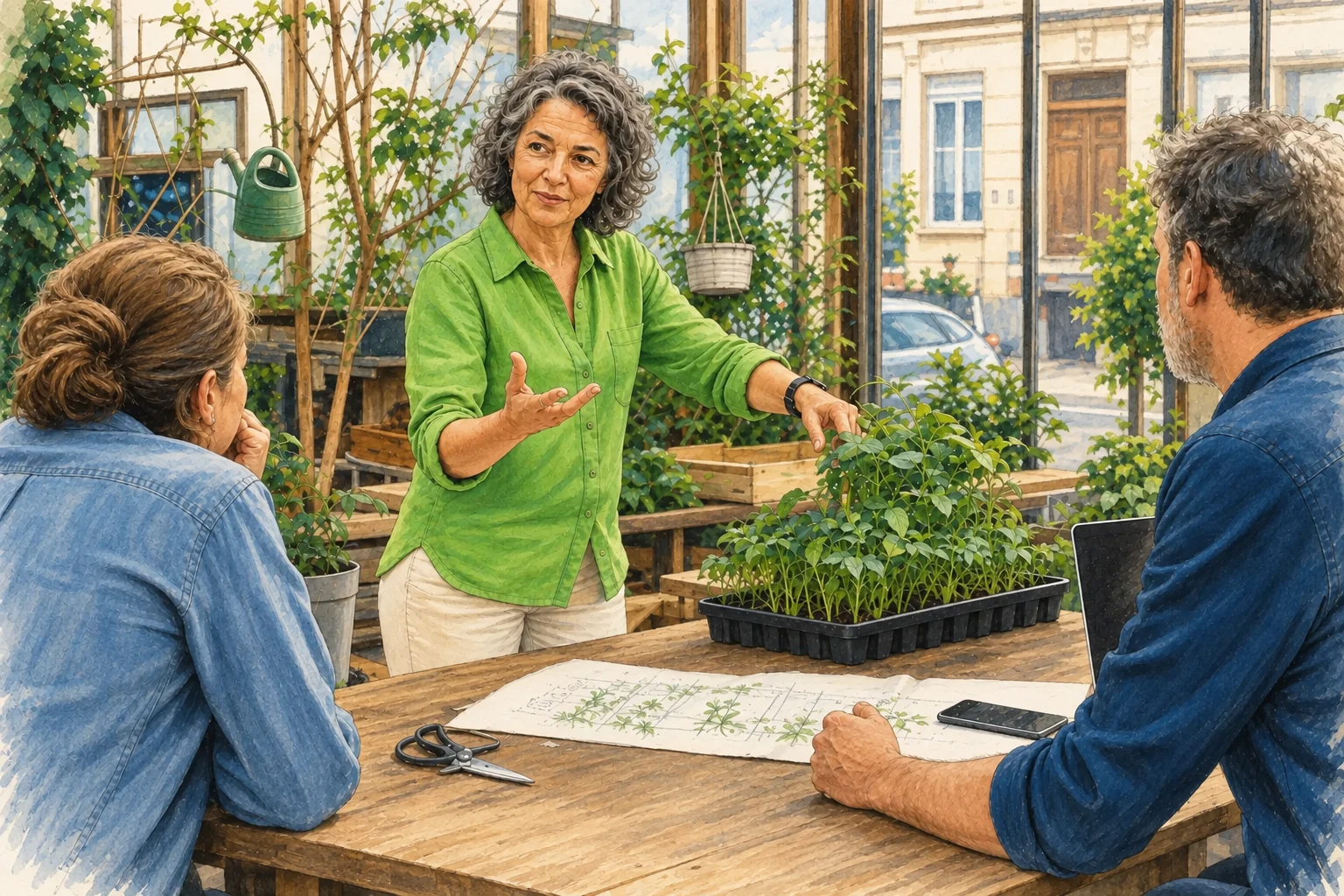 Une femme présente avec enthousiasme un projet concret dans une serre associative vivante.