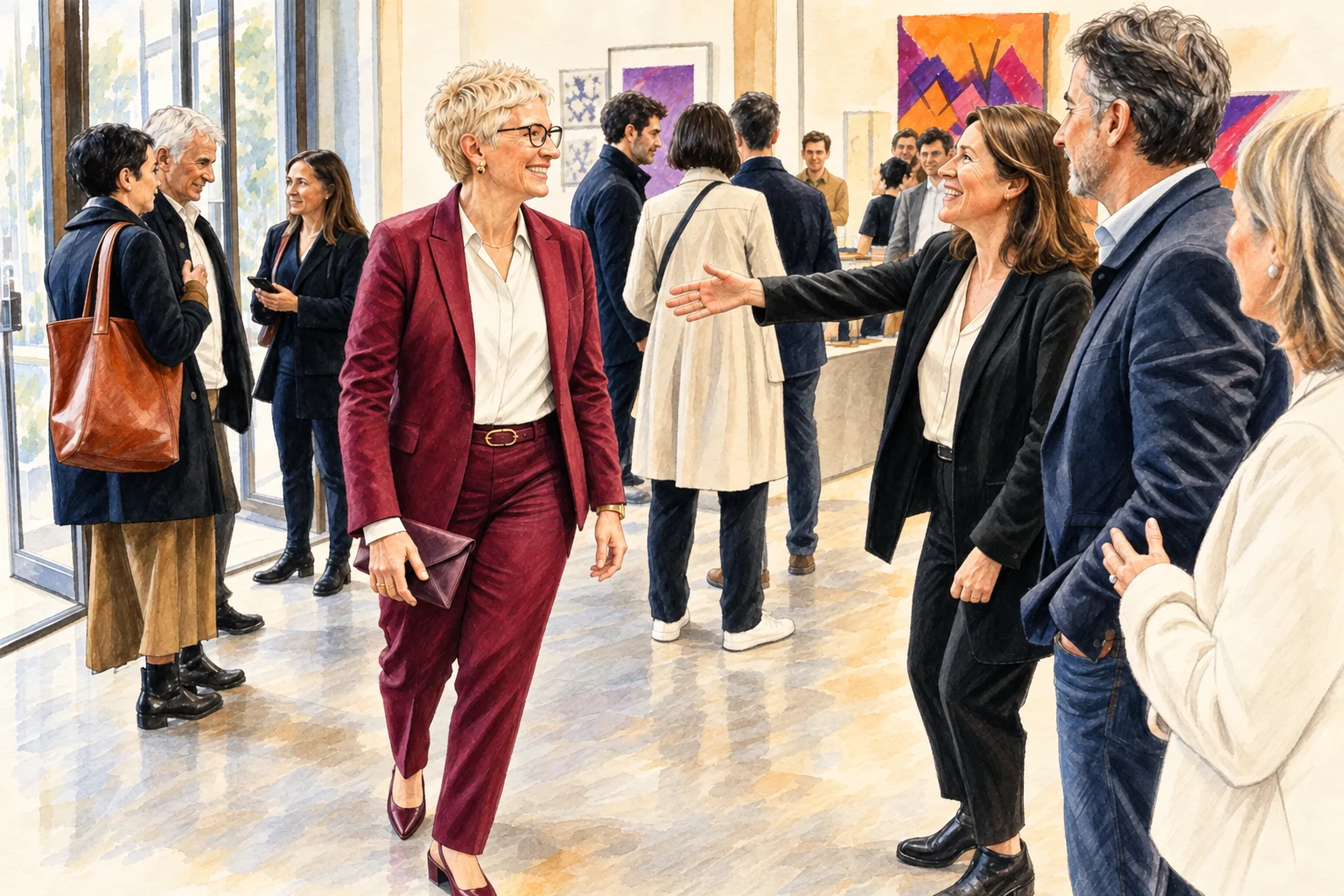 Une femme blonde élégante et assurée marche dans un environnement professionnel contemporain.
