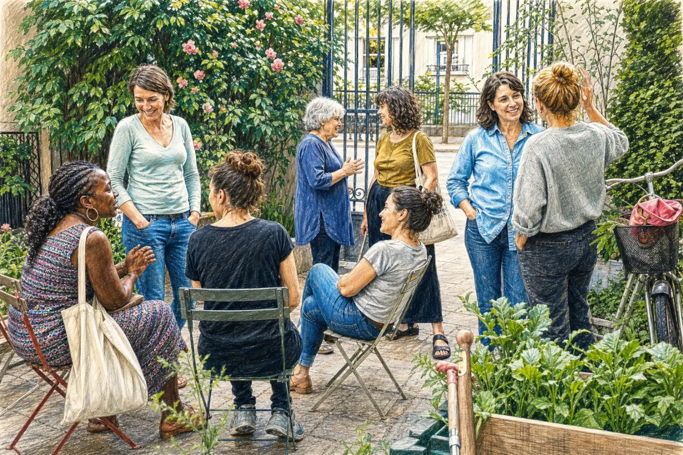 Des femmes d’âges et de styles différents conversent dans un jardin partagé contemporain.