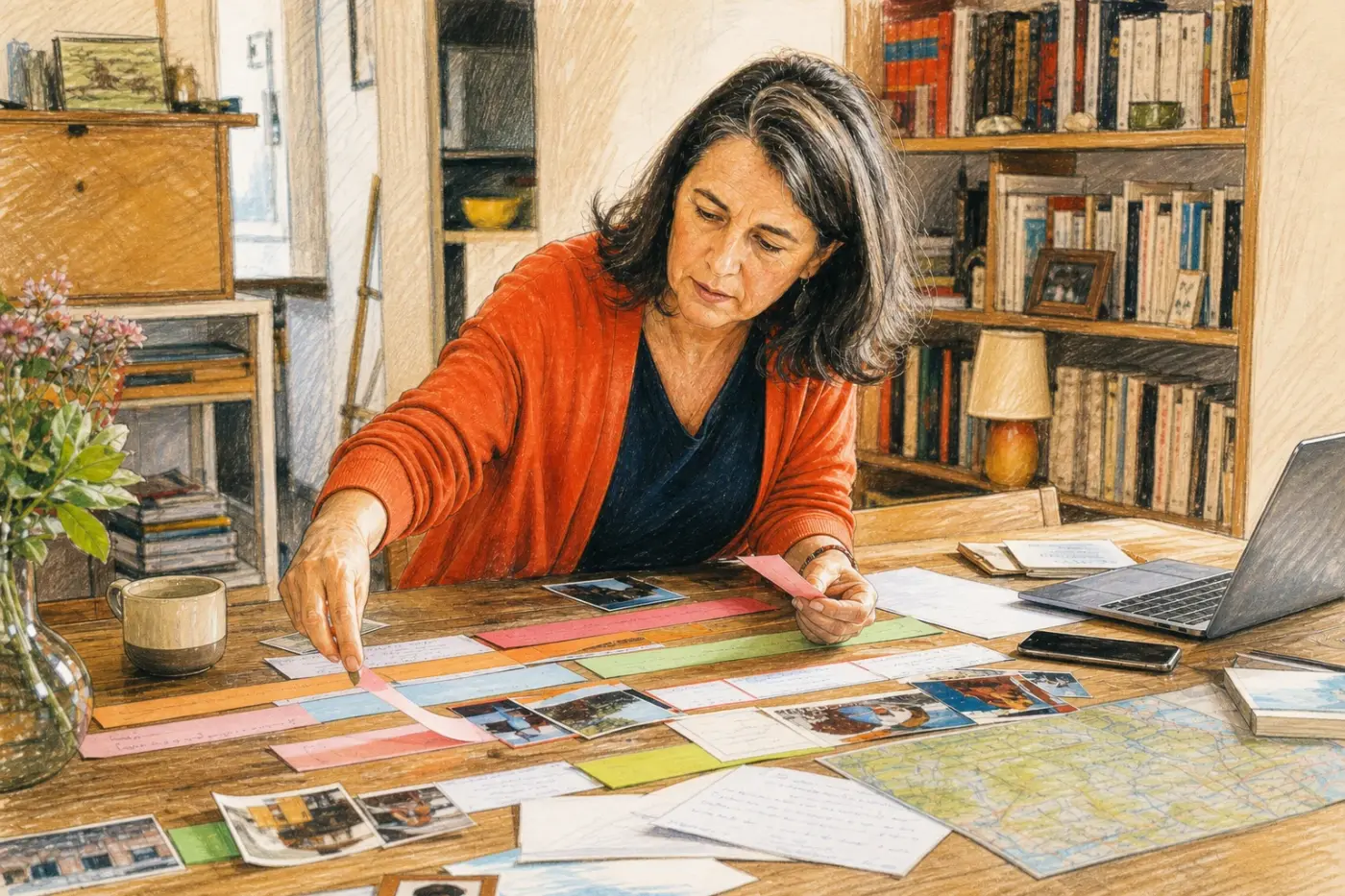 Une femme construit une frise de sa vie avec des photographies, des papiers colorés et une carte sur sa table de travail.