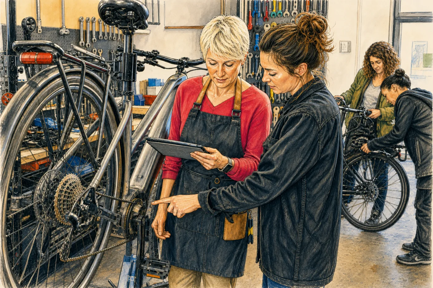 Une femme se forme au diagnostic d’un vélo électrique dans un atelier professionnel vivant.
