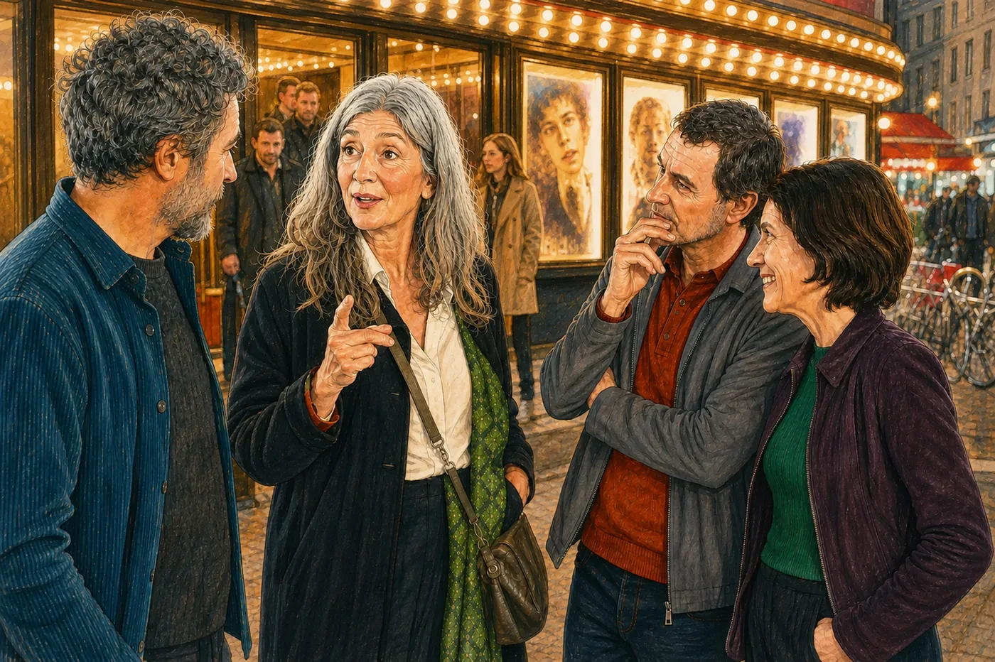 Des femmes et des hommes de plus de 50 ans échangent naturellement à la sortie d’un cinéma français.