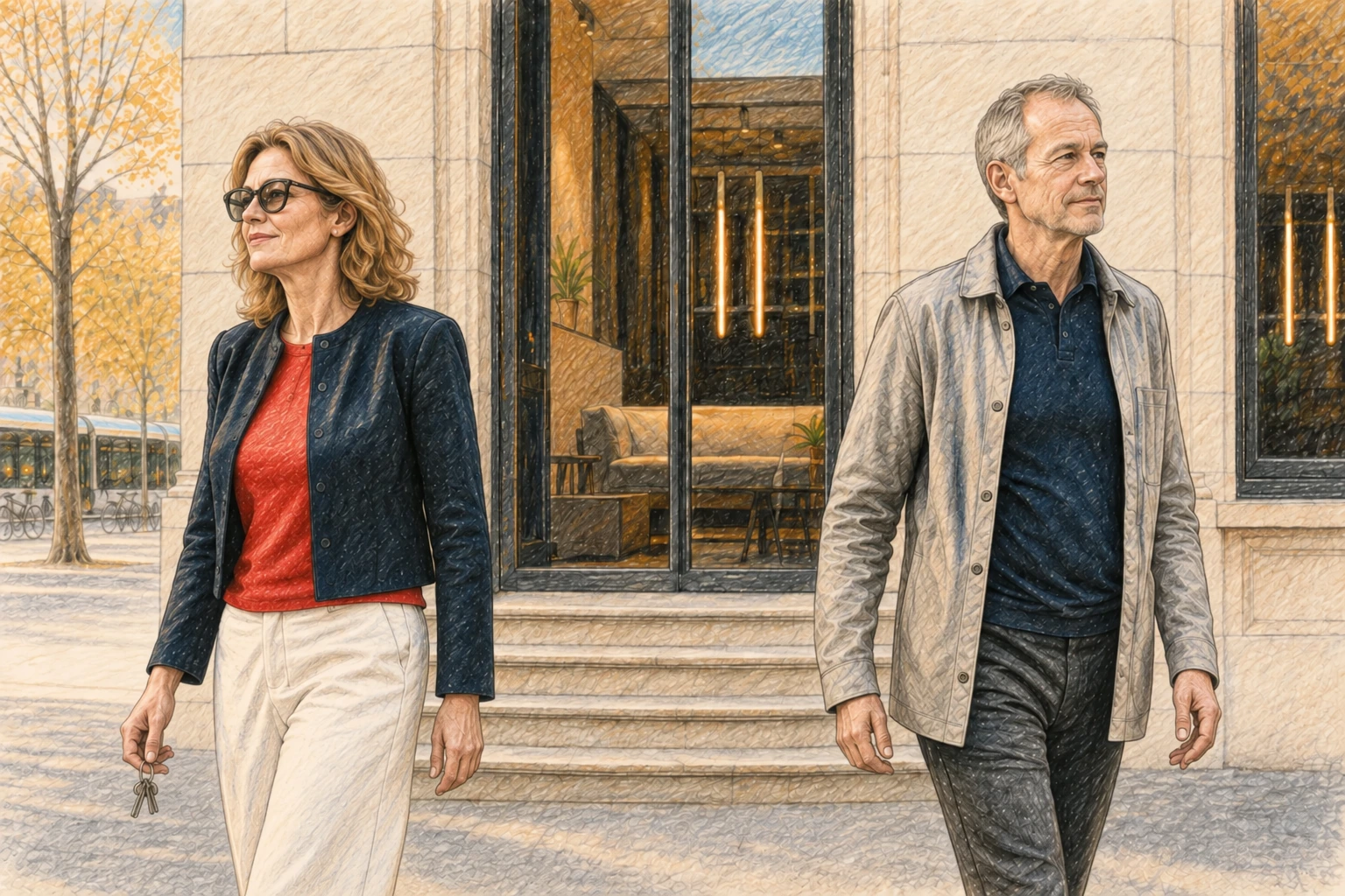 Un couple mature se sépare calmement devant un immeuble, chacun avançant avec une expression apaisée.