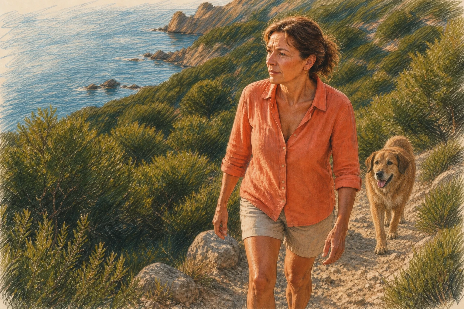 Une femme marche sur un sentier côtier, suivie par un grand chien fauve sans laisse.