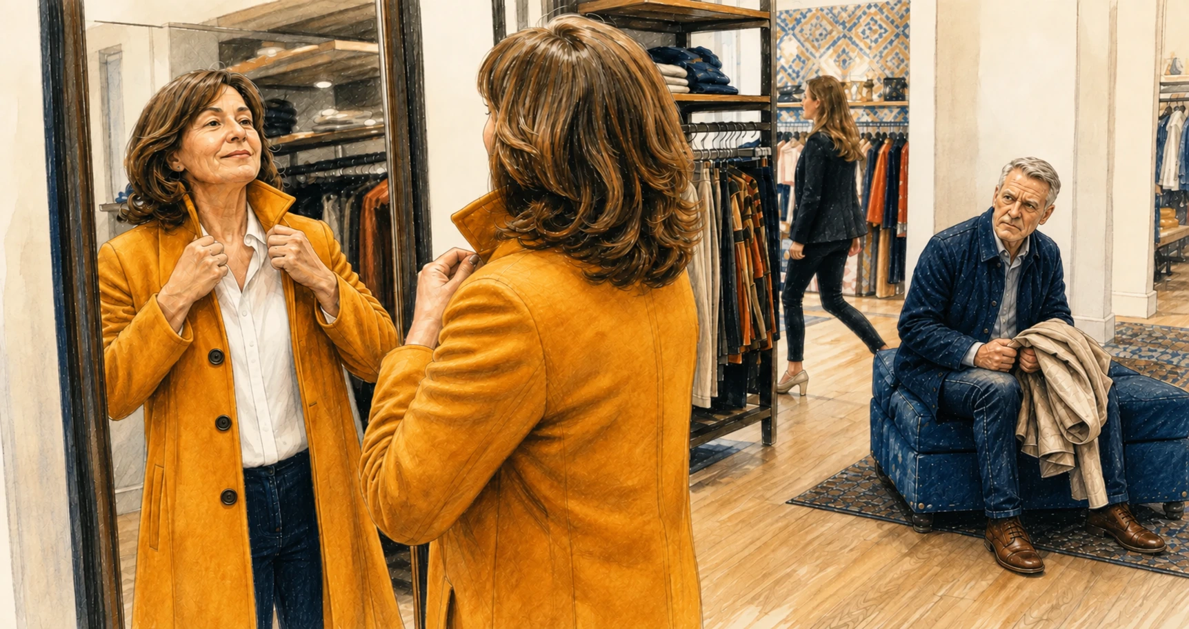 Dans une boutique, une femme admire son manteau jaune tandis que son conjoint assis paraît troublé et inquiet.