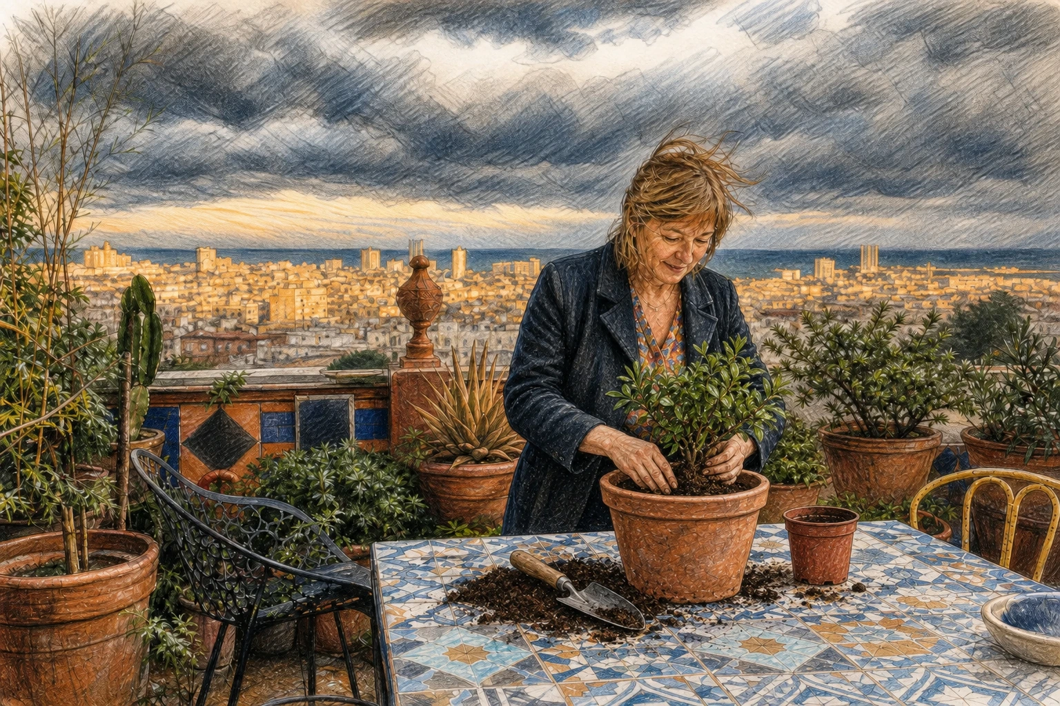 Une femme rempote une plante sur sa terrasse, sous un ciel sombre éclairé par un horizon doré.