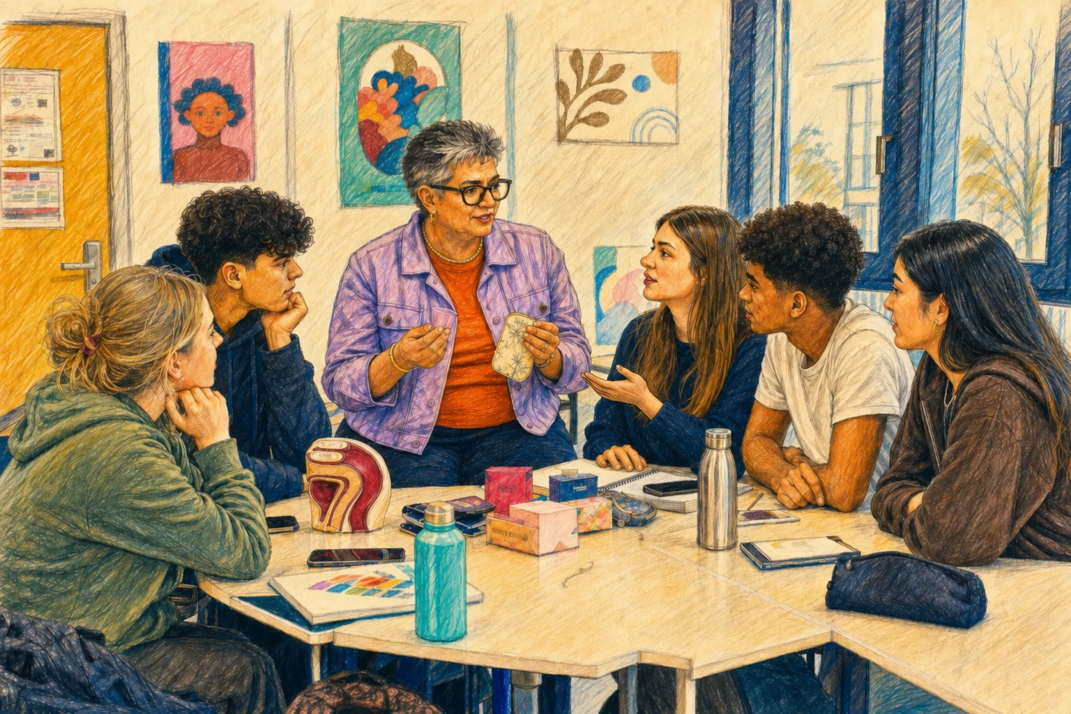 Une adolescente accompagne sa question d’un geste de la main ouverte lors d’un échange sur les règles en classe.