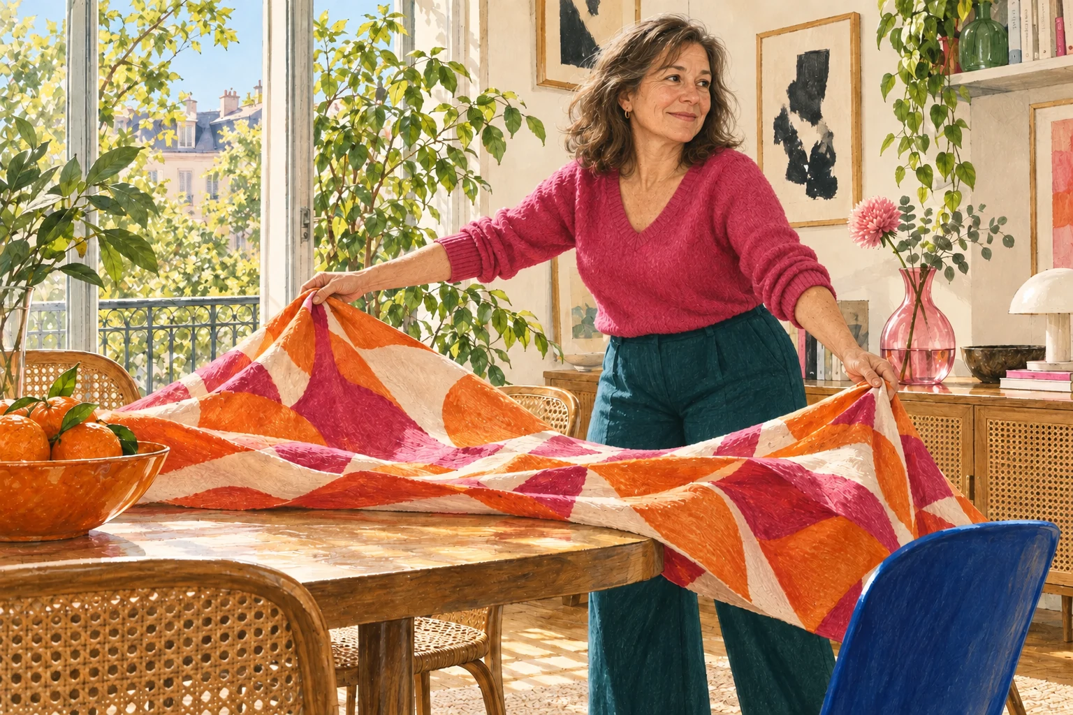 Une femme d’une soixantaine d’années, à l’allure naturelle et au sourire discret, étend une nappe orange et framboise dans un intérieur lumineux et planté.