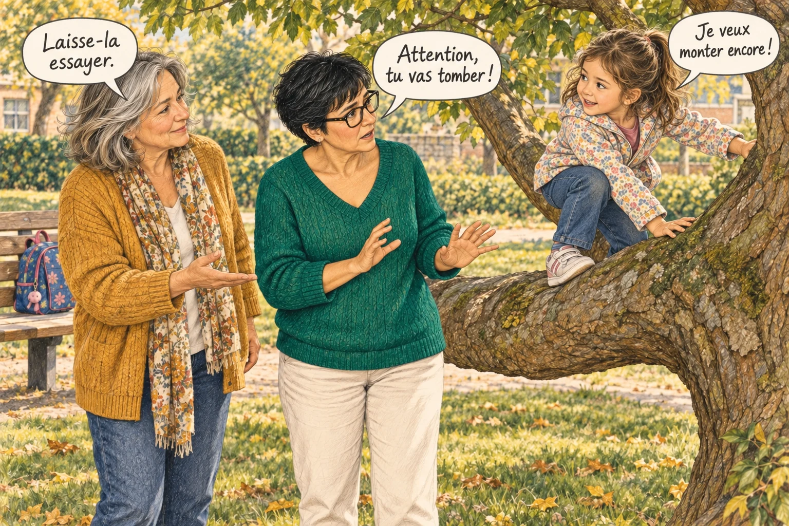 Une enfant dans un arbre dit « Je veux monter encore ! » ; une femme inquiète répond « Attention, tu vas tomber ! », tandis que son amie dit « Laisse-la essayer. ».