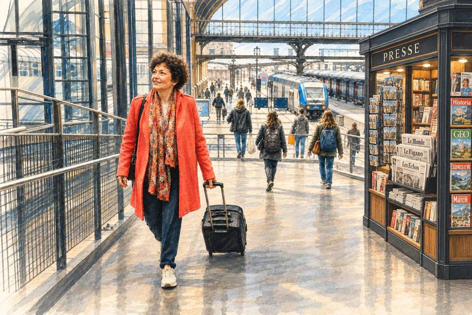 Une femme souriante avance avec une petite valise dans une grande gare française, avec un kiosque à journaux sur la droite.