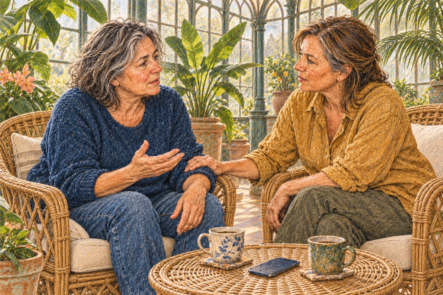 Deux femmes quinquagénaires échangent une confidence dans des fauteuils en rotin, au milieu des plantes d’une serre ancienne ; l’une écoute, une main posée sur le bras de son amie.