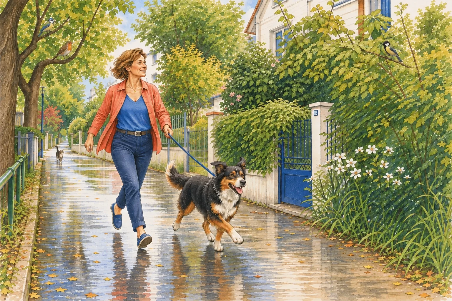 Une femme marche avec son chien dans un quartier verdoyant ; des oiseaux sont perchés sur les branches et un chat se promène loin derrière eux sur le chemin.