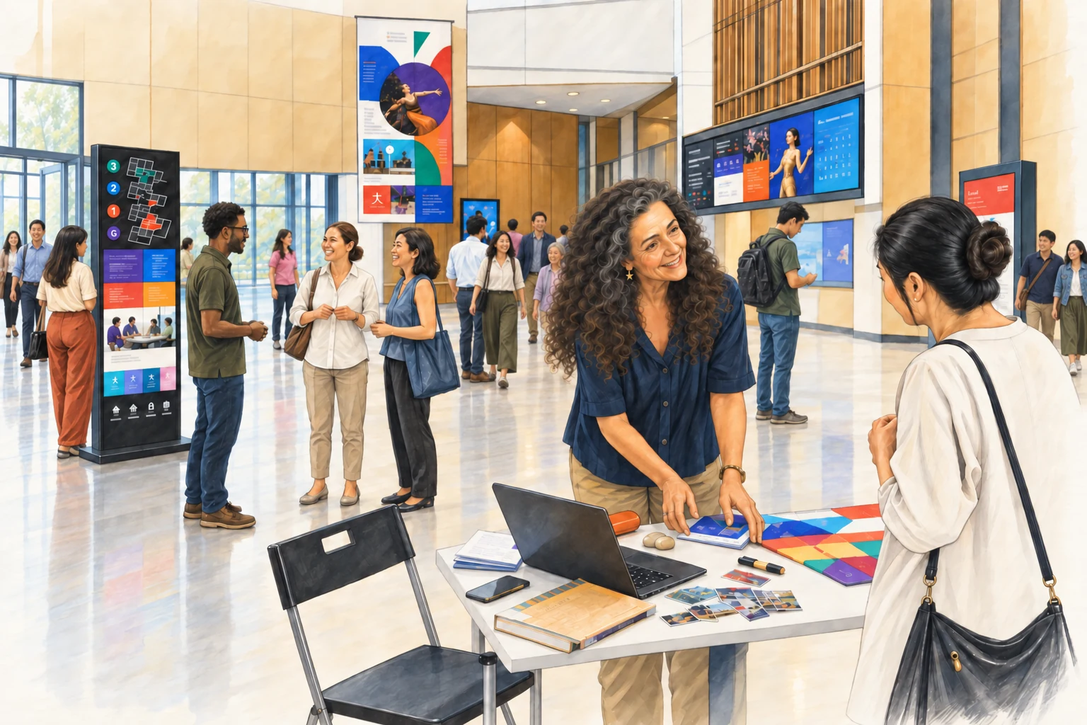 Une Française présente son activité dans un centre culturel contemporain ; plusieurs visiteurs arrivent dans le hall à l’arrière-plan.