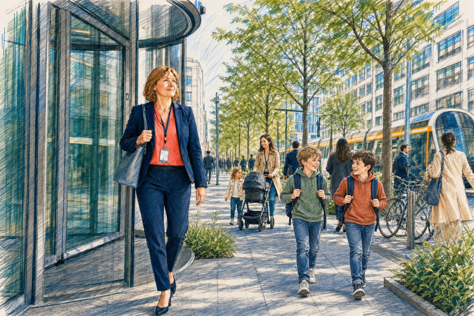 Une femme en tailleur sort d’un immeuble ; deux garçons de dix ans avec sacs à dos rentrent seuls de l’école sur le trottoir.