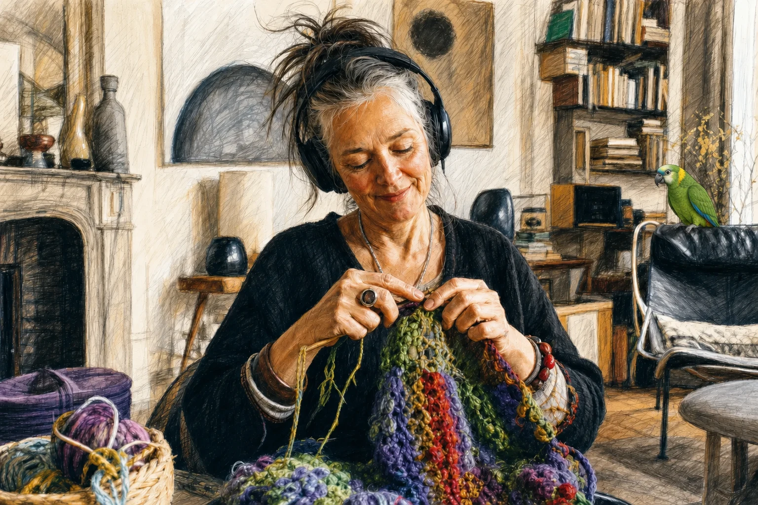 Une femme tricote en écoutant de la musique ; un perroquet est posé sur le haut du fauteuil noir derrière elle.