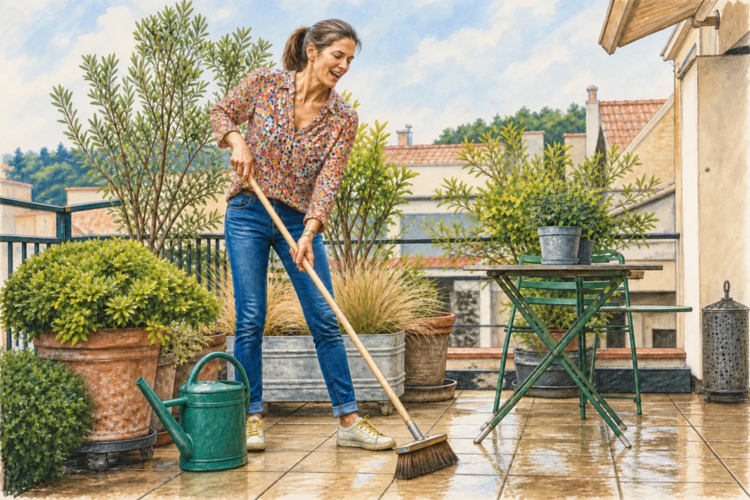 Une femme quinquagénaire chante joyeusement en balayant sa terrasse entourée de plantes.