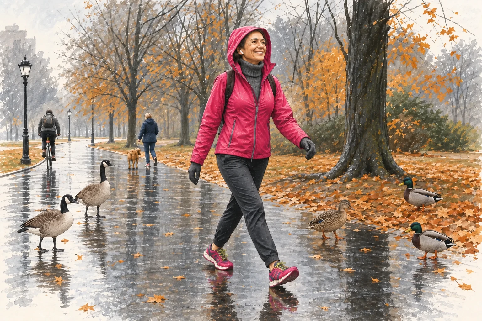 Une femme marche joyeusement dans un parc après la pluie, parmi des oies et des canards.
