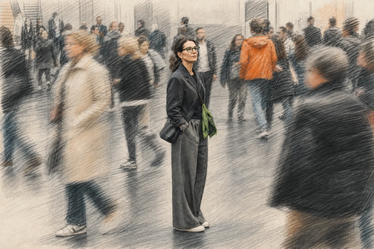 Une femme moderne aux lunettes rondes à monture verte reste immobile au milieu d’une foule en mouvement.