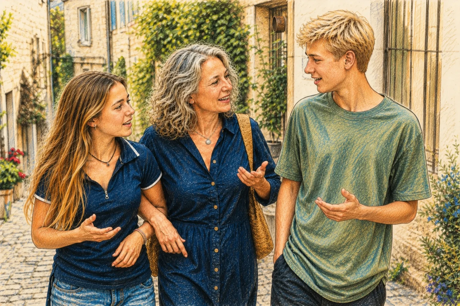 Une mère d’environ 60 ans et ses deux adolescents discutent en marchant dans une ruelle, les regards tournés les uns vers les autres.