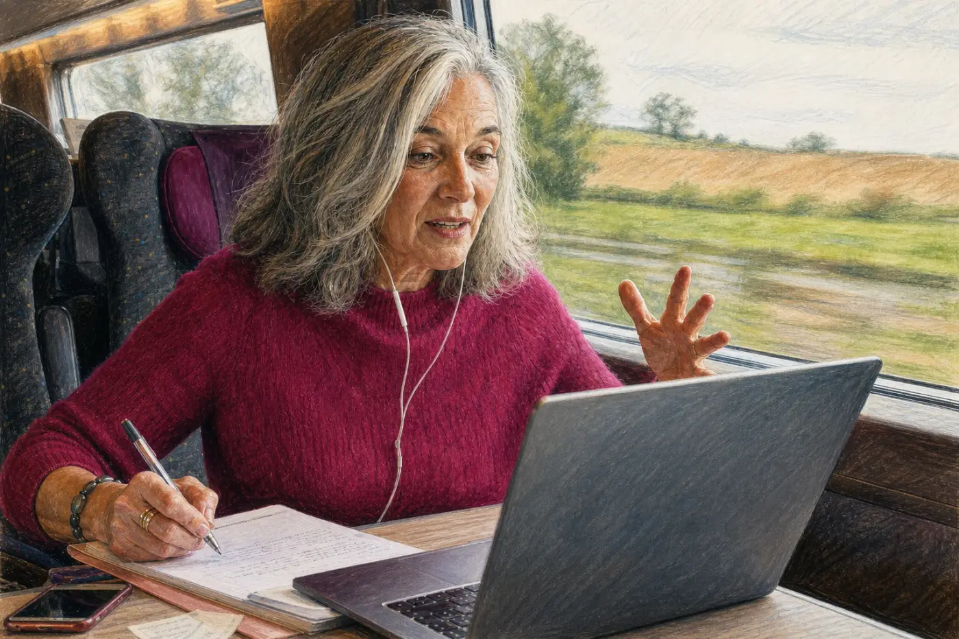 Une femme de 63 ans travaille avec énergie sur son ordinateur pendant un voyage en train.