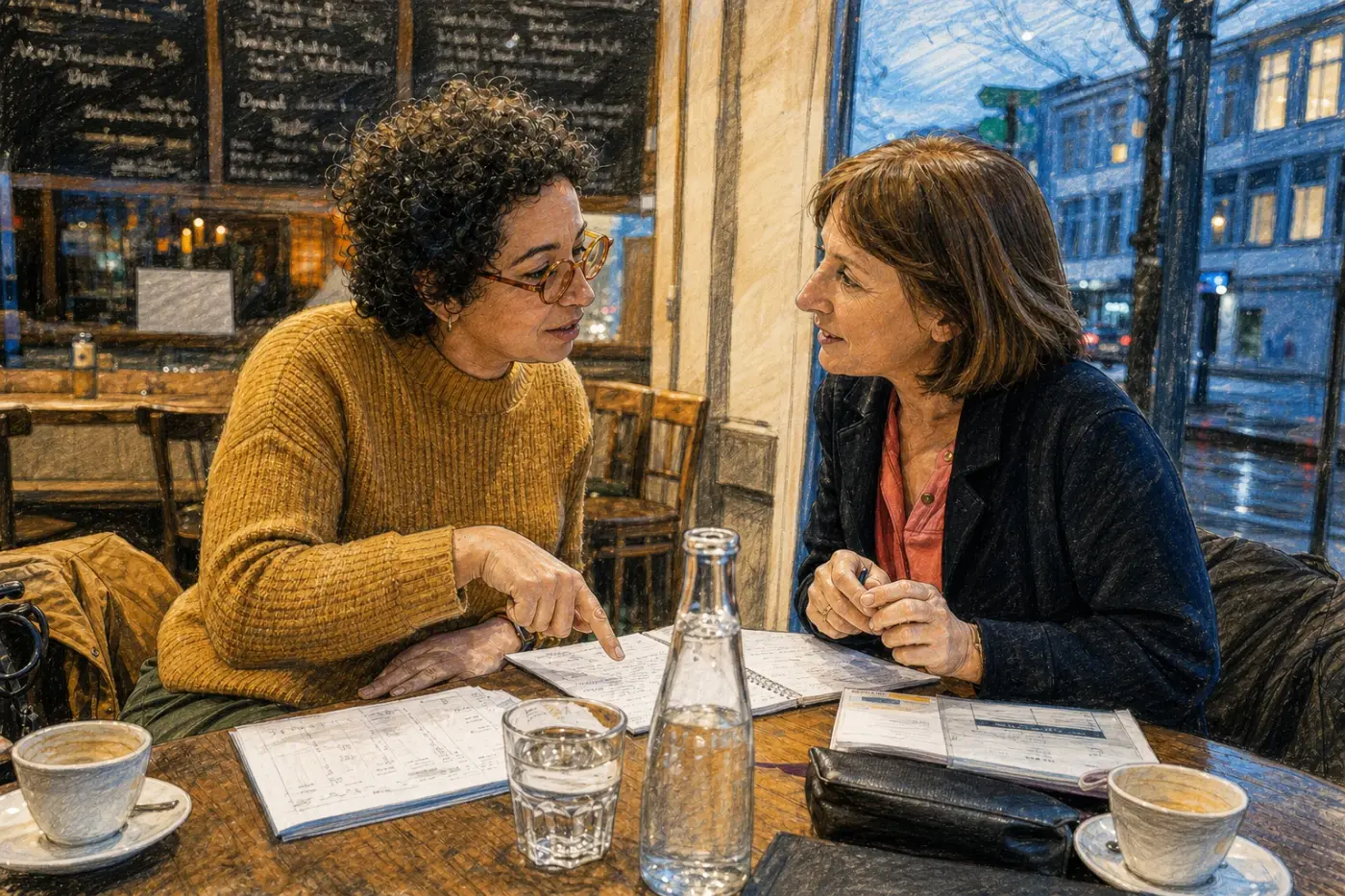 Deux femmes de plus de 50 ans prolongent la conversation dans un café après un cours pour adultes.
